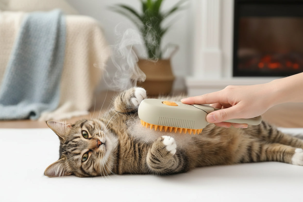 Brosse Vapeur 3-en-1 pour Chien & Chat – Massage, Démêlage & Anti-Poils