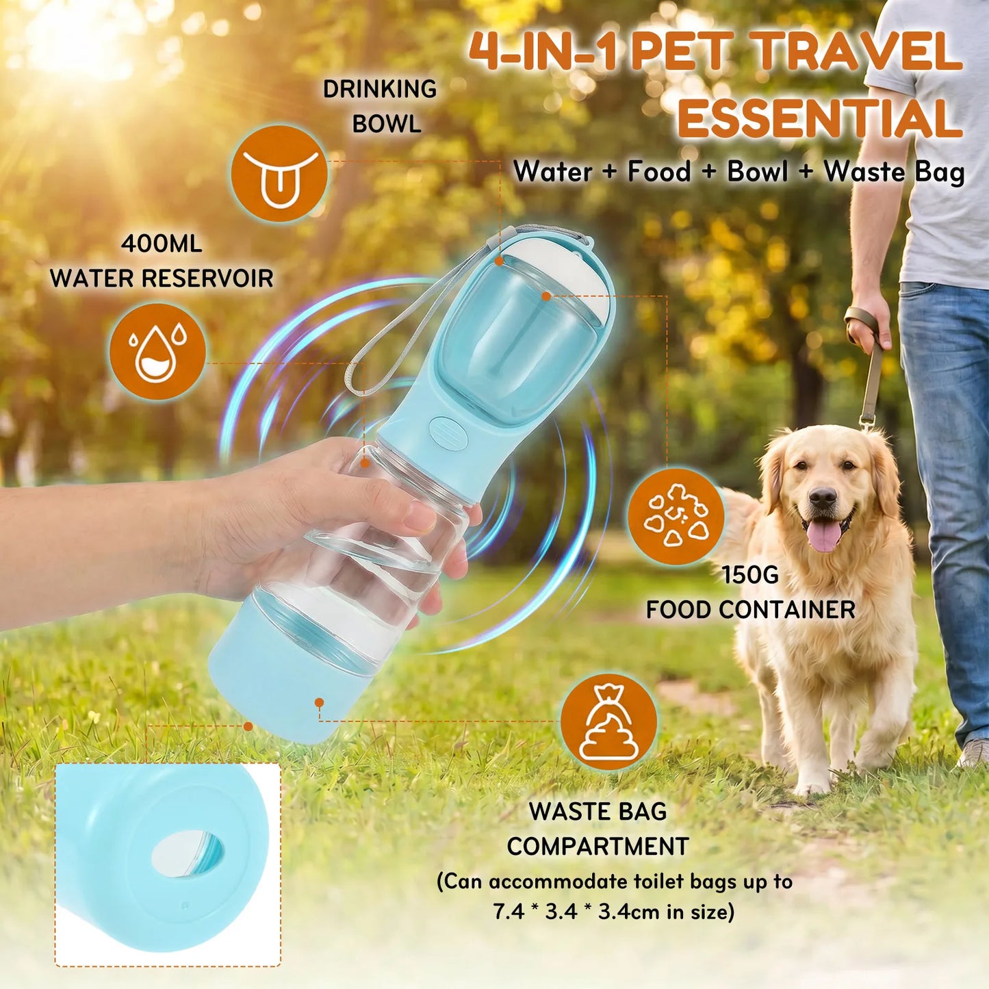 Gourde Chien 4-en-1 Portable · Eau, Nourriture, Bol et Sacs à Déjections pour Balade