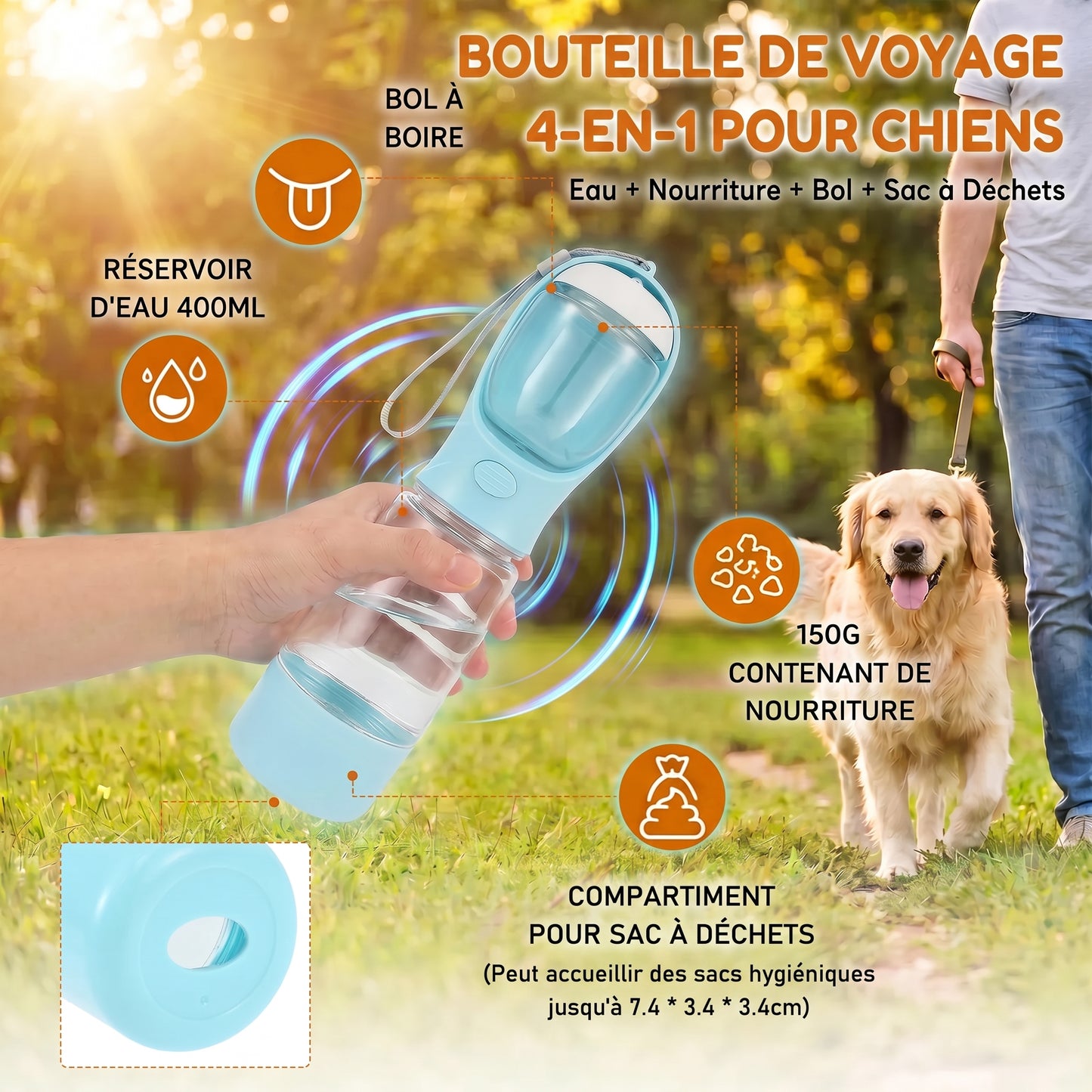 Gourde Chien 4-en-1 Portable · Eau, Nourriture, Bol et Sacs à Déjections pour Balade