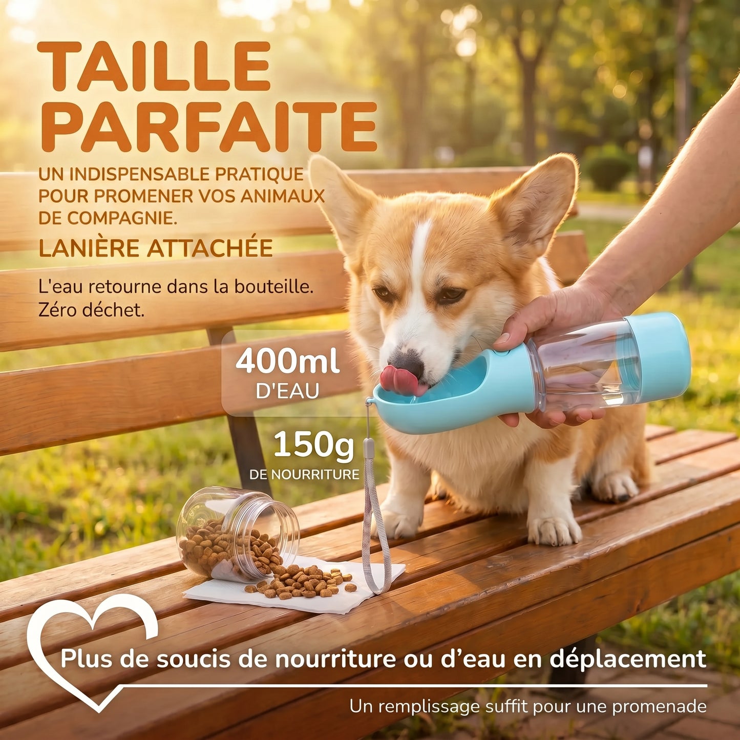 Gourde Chien 4-en-1 Portable · Eau, Nourriture, Bol et Sacs à Déjections pour Balade