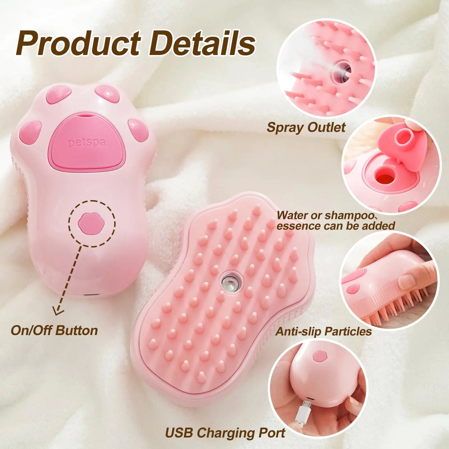 Brosse de Toilettage Vapeur 3-en-1 pour Chat & Chien – Anti-Poils, Massante & Rechargeable