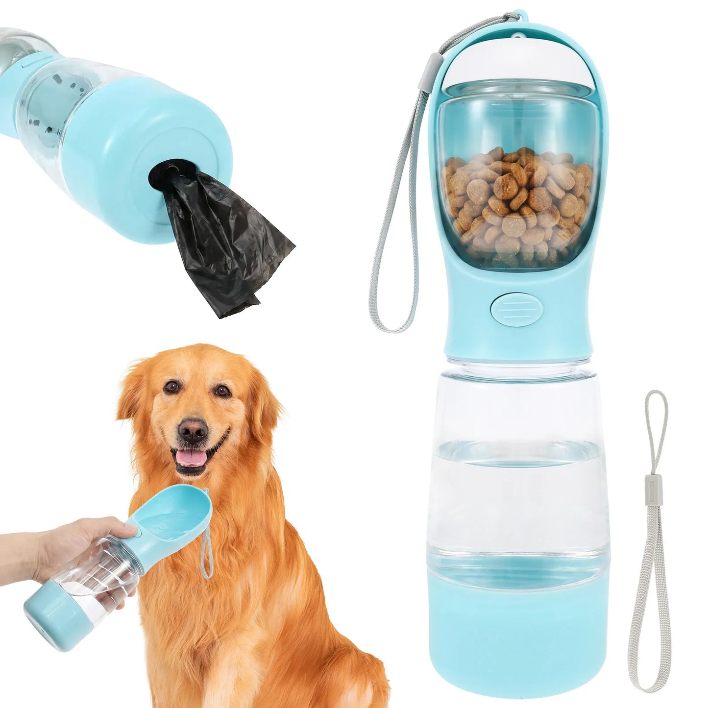 Gourde Chien 4-en-1 Portable · Eau, Nourriture, Bol et Sacs à Déjections pour Balade