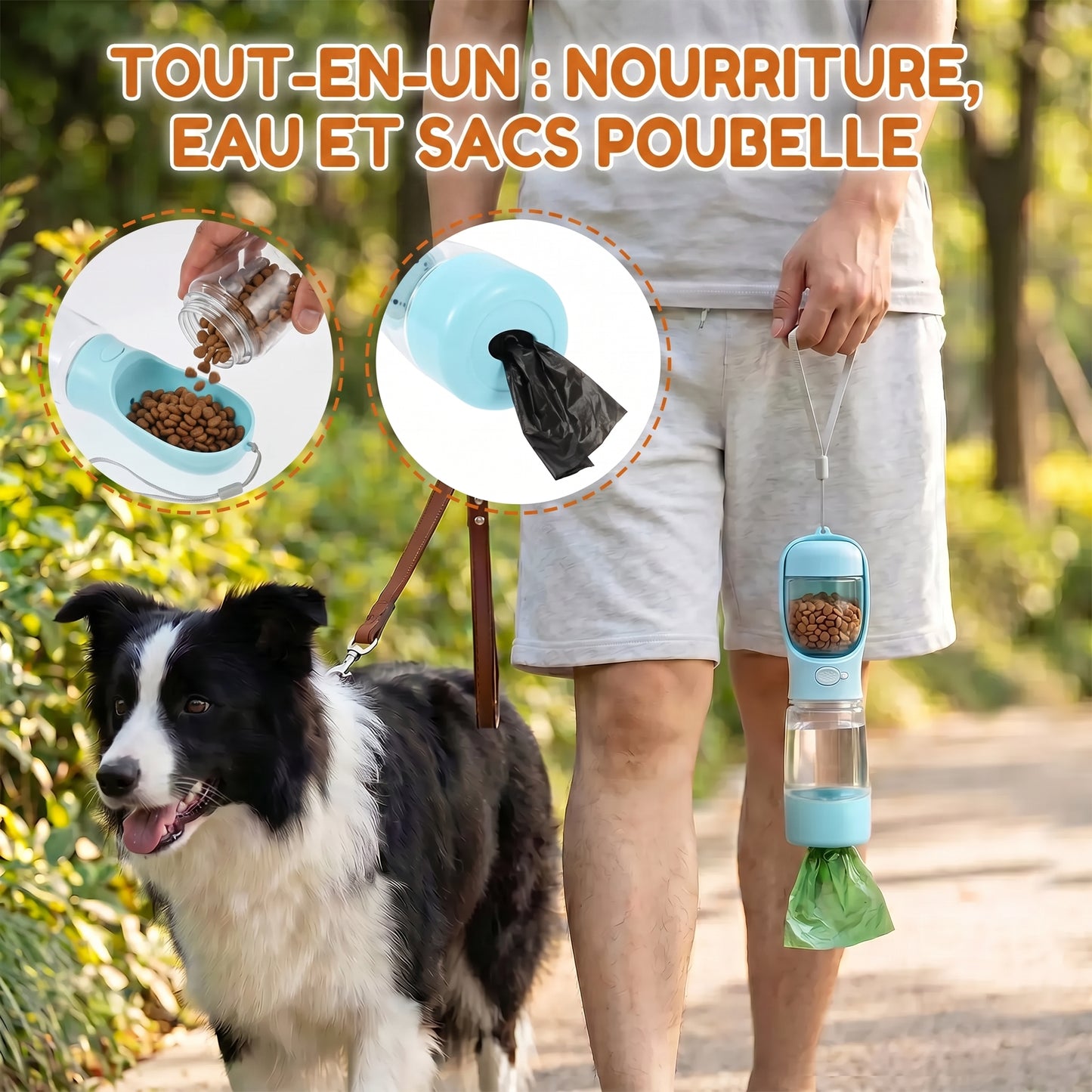 Gourde Chien 4-en-1 Portable · Eau, Nourriture, Bol et Sacs à Déjections pour Balade