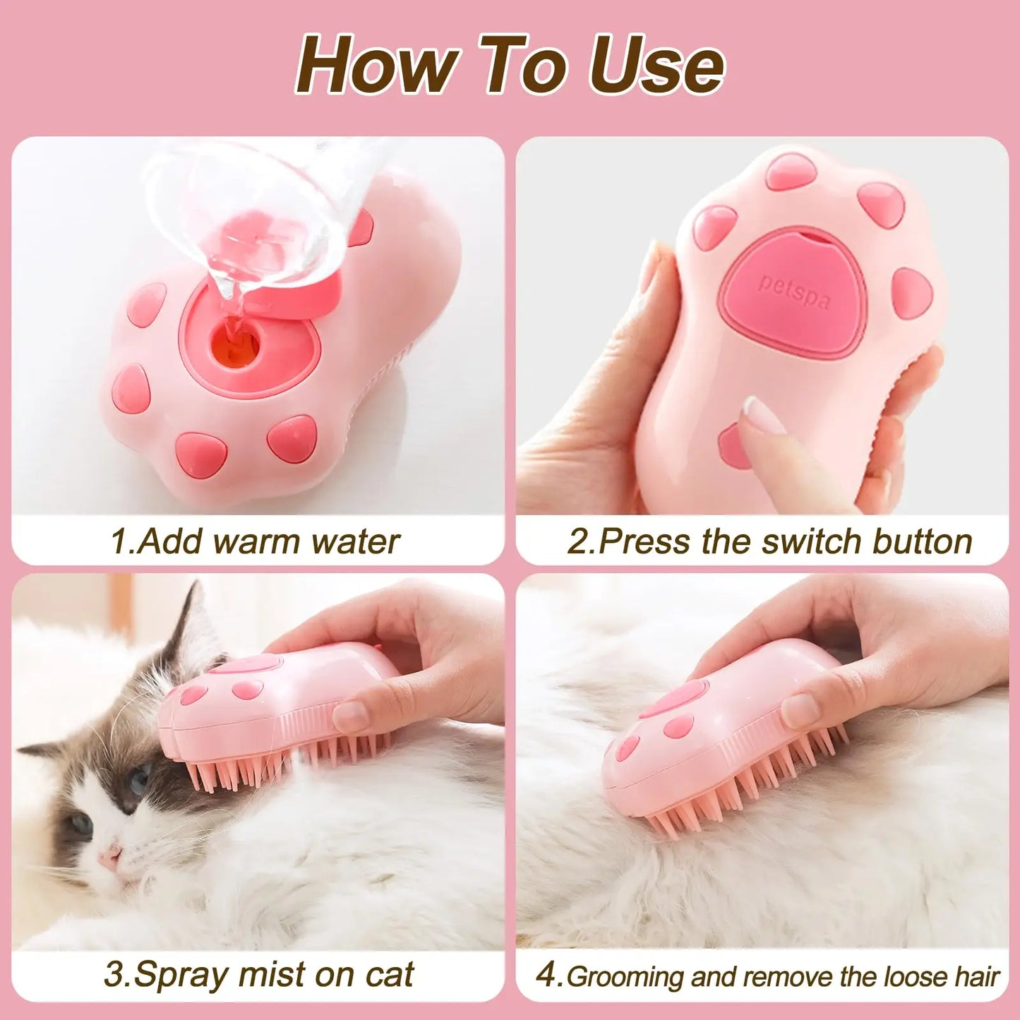 Brosse de Toilettage Vapeur 3-en-1 pour Chat & Chien – Anti-Poils, Massante & Rechargeable